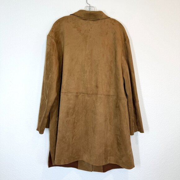 H&M Trench Long Coat Jacket Tan Brown Faux Suede Oversized XL - Picture 2 of 8